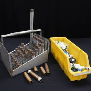 lot 14 image: METAL CARRY CASE WITH STEEL AND SOME COPPER NIPPLES AND PEX FITTINGS