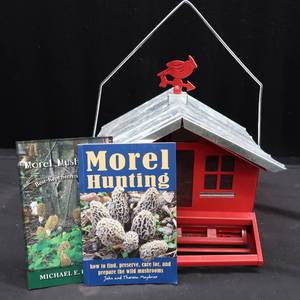lot 1J image: TINMETAL BIRD HOUSE.  BOOKS ON MUSHROOM HUNTING