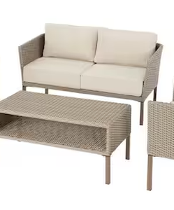 lot 5 image: Oakshire Loveseat and Coffie Table  Wicker Outdoor Deep Seating Set with Tan Cushions NEW
