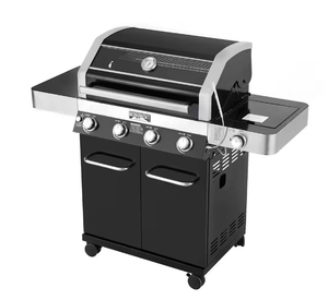 lot 11 image: Monument Grills 4-Burner Propane Gas Grill in Black with ClearView Lid, LED Controls, Side Burner and USB Light Model # 24633 Store SKU # 1002421342 NEW