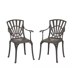 lot 20 image: Set of 2 Grenada Stationary Taupe Tan Cast Aluminum Outdoor Arm Chairs Model # 6661-80 Store SKU # 1005767539 NEW