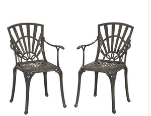 lot 21 image: Set of 2 Grenada Stationary Taupe Tan Cast Aluminum Outdoor Arm Chairs Model # 6661-80 Store SKU # 1005767539 NEW