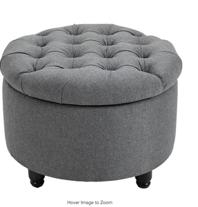 lot 28 image: Grey Round Linen Tufted Storage Ottoman Model # 838-014V80GY Store SKU # 1006312483 NEW
