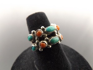 lot 51 image: .925 Sterling Silver Turquoise and Coral Cabochon Native American Ring Size 5.75