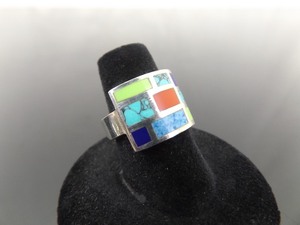 lot 52 image: .925 Sterling Silver Multi Colored Inlayed Stone Ring Size 6.5