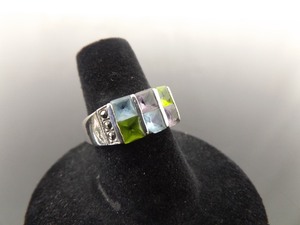 lot 53 image: .925 Sterling Silver Topaz, Peridot, and Amethyst Art Nouveau Ring Size 6.75