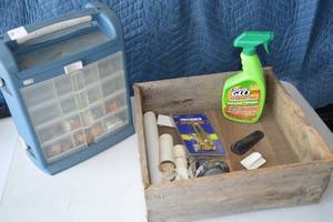 lot 27 image: Handmade Pallet Wood CrateBox - measures 15x15x6, door stopper, orange glo hardwood floor cleaner, chrome shower head,drain plug stopper parts, pvc plumbing connectors, tote of miscellaneous hardware