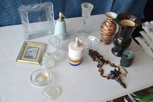 lot 28 image: Lot Assorted Glassware, Ceramics, Metal, other Decor