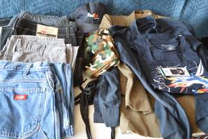 lot 36 image: Mens Shirts-Size XL and XXL, Nautica. Mens pants-Mecca, Dickies, Wrangler. Uniforms-FedEx, Swissport. Dress Jacket-Size L, lined.