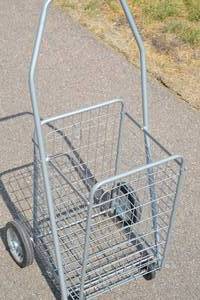 lot 47 image: Foldablecollapsible folding metal cart, powder coated grey stainless steel, 2 sets of wheels-no need to tip to push it, solid wheels keeps objects getting stuck in it, easy to move, 1.5x1.5x3.5