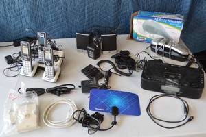 lot 72 image: Assorted Electronics Phones, Radio, Speakers, Cables, Massager