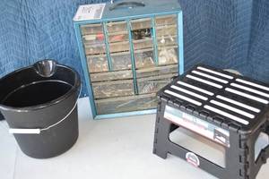 lot 96 image: Toolbox with Hardware  Bucket and Folding Stepstool