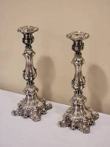 lot 84 image: Amazing Baroque Plate Silver Candlestick Pair