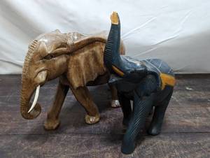 lot 112 image: Two Hand Carved Wood Elephants