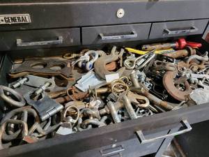 lot 199 image: Large Lot of Clevises, Hitch Pins, Wire Rope Clamps, Hooks and More