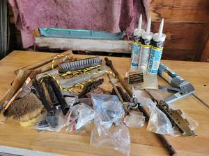 lot 203 image: Receiver Hitch, Assorted Hardware, Wire Brush, Brushes and More - NO SHIPPING