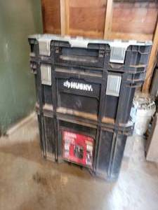 lot 214 image: HUSKY Connect Rolling Toolboxes with painting Supplies - Pneumatic Paint Gun, Drop Cloths and More - NO SHIPPING