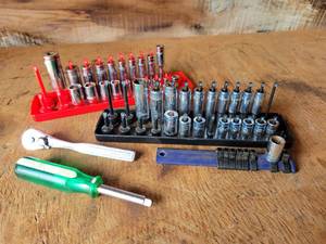 lot 76 image: Lot of 14 Drive KOBALT Deepwell and Shallow Sockets - Metric and Standard - Sizes from 13mm to 4.5mm and 916 to 532  CRAFTSMAN 14 Drive Ratchet and S-K Tool 14 Driver