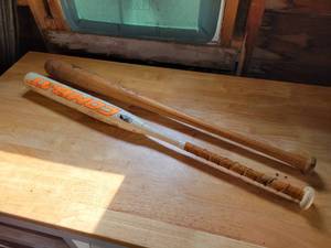 lot 177 image: Louisville Slugger Wood Baseball Bat and COMBAT Composite Softball Bat - NO SHIPPING