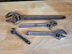 lot 182 image: (4) Adjustable Wrenches - 16 PROTO (Stuck), (2) 10 No Name and 6 Crescent