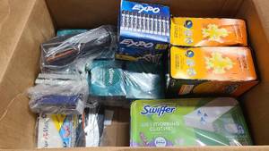 Box of cleaning and office supplies