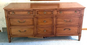 lot 11 image: Vintage Mid Century Modern Nine Drawer Dresser and Wall Mount Mirror by Drexel