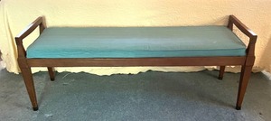 lot 14 image: Vintage Mid Century Wooden Bench with Teal Cushioned Seat