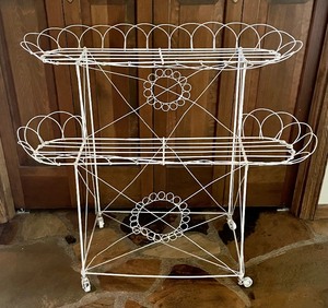lot 154 image: Ornate White Metal Plant Stand on Casters