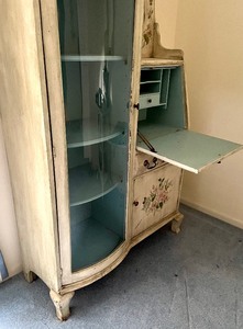 lot 168 image: Vintage Painted Secretary Featuring a Curved Glass Display Area with Shelves