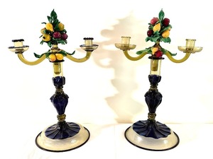 lot 1 image: Pair of Antique Art Deco 18th Century Georgian Murano Art Glass Italian Fruit Handblown Candelabras