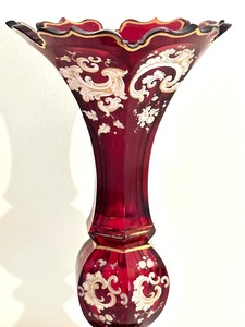 lot 66 image: Antique Ruby Red Bohemian Blown Cut Enameled Vase