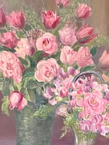 lot 195 image: Pretty Pink Floral Original Oil on Board Framed Painting
