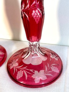 lot 24 image: Pair of Cut to Clear Cranberry Glass Vintage Candle Holders