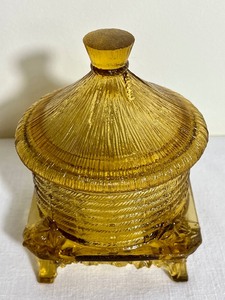 lot 426 image: Vintage Covered Marigold Colored Glass Footed Dish