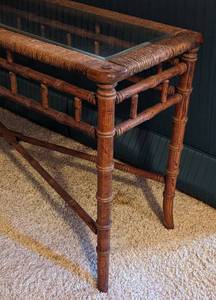 lot 308 image: Vintage Glass Topped Rattan Console Table