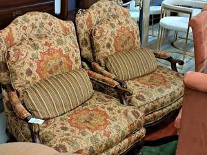 lot 12 image: Lot of (2) Highland House Floral pattern Wood High-Back Living Room Arm Chairs with Throw Pillows