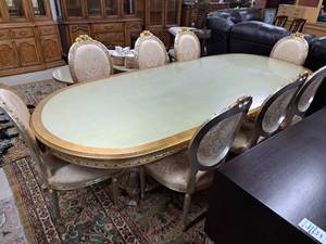 lot 2 image: Victorian Dining Table Set - 118 Pedestal Dining Table, (8) 43 High-Back Banquet Formal Dining Chairs