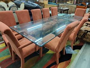 lot 6 image: Dining Table Set - 9 Glass-Top Table and (10) Salmon Padded High-back Dining Chairs