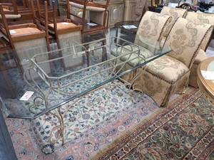 lot 34 image: Glass-TopMetal Dining Table Set with Dining Table and (4) Gold Fabric  High-Back Skirted Dining Chairs