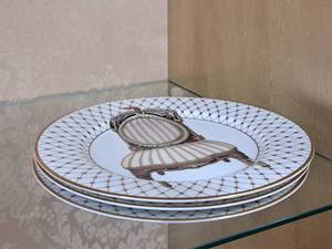 lot 89 image: Lot of (3) 8 Chair theme Fine Porcelain Dinner Plates