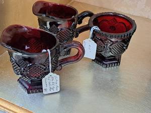 lot 92 image: Lot of (3) Vintage Avon Red Cape Ruby Red CreamerSugar Bowl
