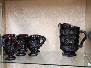 lot 93 image: Vintage Avon Red Cove Ruby Red Glassware Set 8-piece - Pitcher, Cups