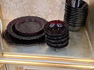 lot 95 image: Vintage Avon Red Cove Ruby Red Glassware Set 22-piece - Dishes, Plates