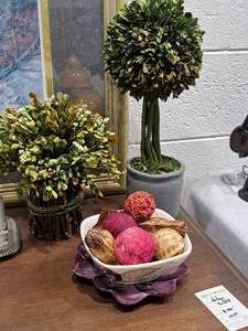 lot 193 image: Lot of (3) Assorted Table Dcor - Balls in a Bowl, Dried Flower Stalks, Tree in a Pot