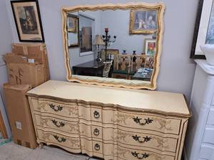 lot 219 image: John Widdiecomb Wood Dresser 9-drawer with Ornate Framed Mirror