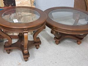 lot 369 image: Glass-topWood Matching Coffee Table and End Table 2-tier