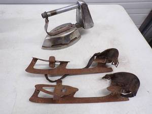 Pair of Vintage Ice Skates and Vintage Iron