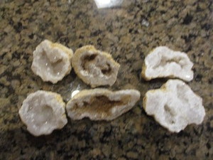 lot 1A image: Lot of (6) Polished Rim Moroccan Crystal Center Geodes - 4 Quartz (Clear) and 2 Aragonite (Brown) Crystals