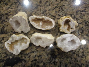 lot 1B image: Lot of (6) Polished Rim Moroccan Crystal Center Geodes - 3 Quartz (Clear) and 3 Aragonite (Brown) Crystals