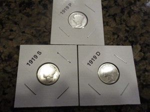 lot 8 image: Lot of (3) Mercury Dimes including 1919-P,  D and S Mint